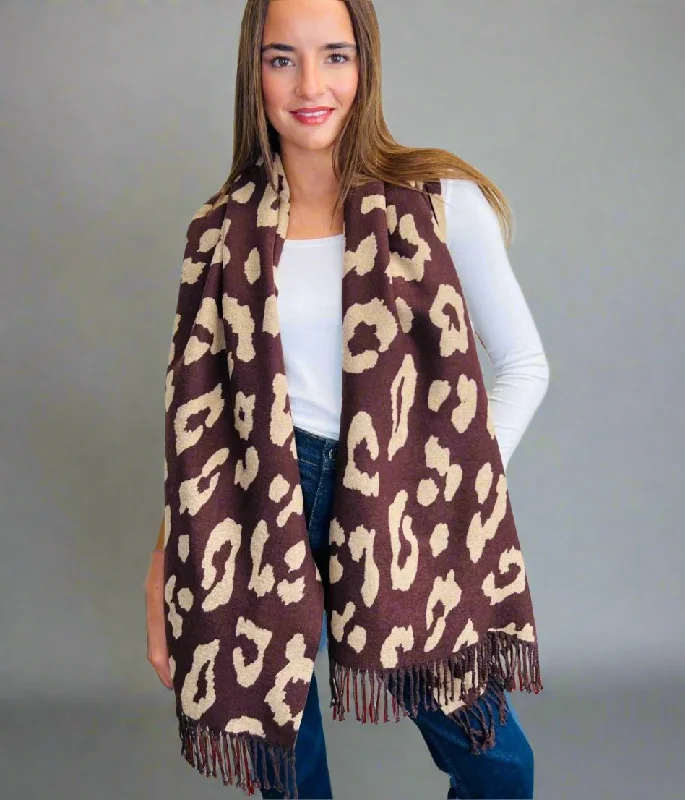 Coffee Leopard Print Cashmere Blend Scarf