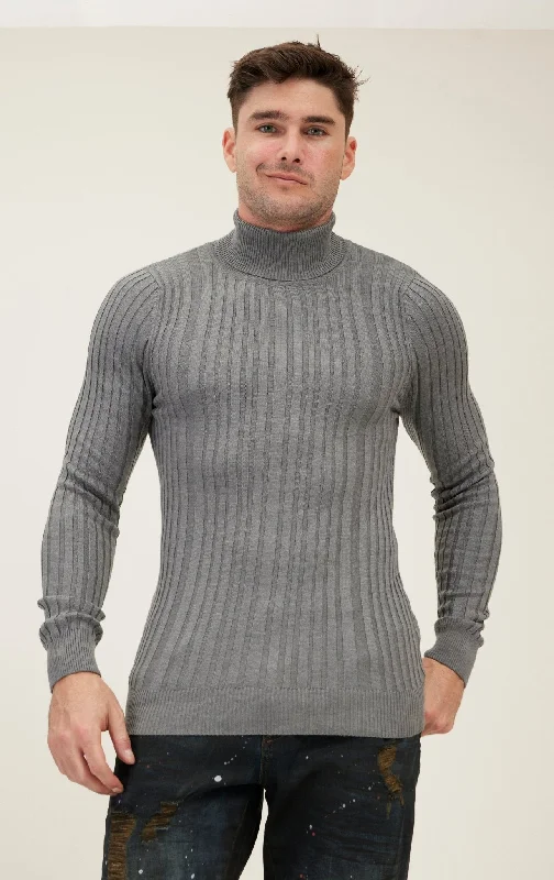 Roll Neck Ribbed Sweater - Grey