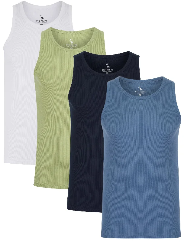 Vine 4 Pack Cotton Ribbed Sleeveless Vest Tops in Seagrass / Blue Horizon / Bright White / Sky Captain Navy - South Shore