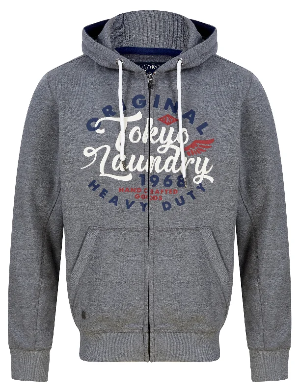 Prevail Motif Brushback Fleece Zip Through Hoodie in Mid Grey Marl - Tokyo Laundry