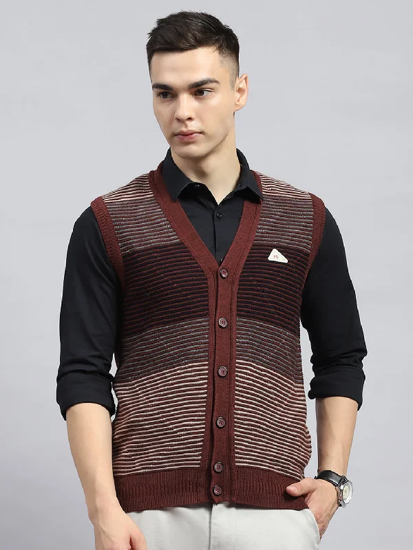 Men Rust Stripe V Neck Sleeveless Cardigan