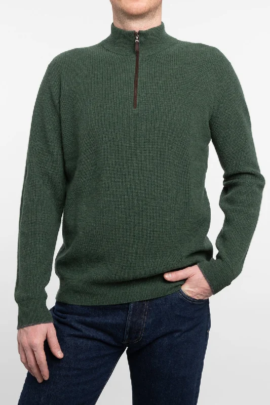 Kinross Cashmere Suede Trim Rib Qtr Zip Mock