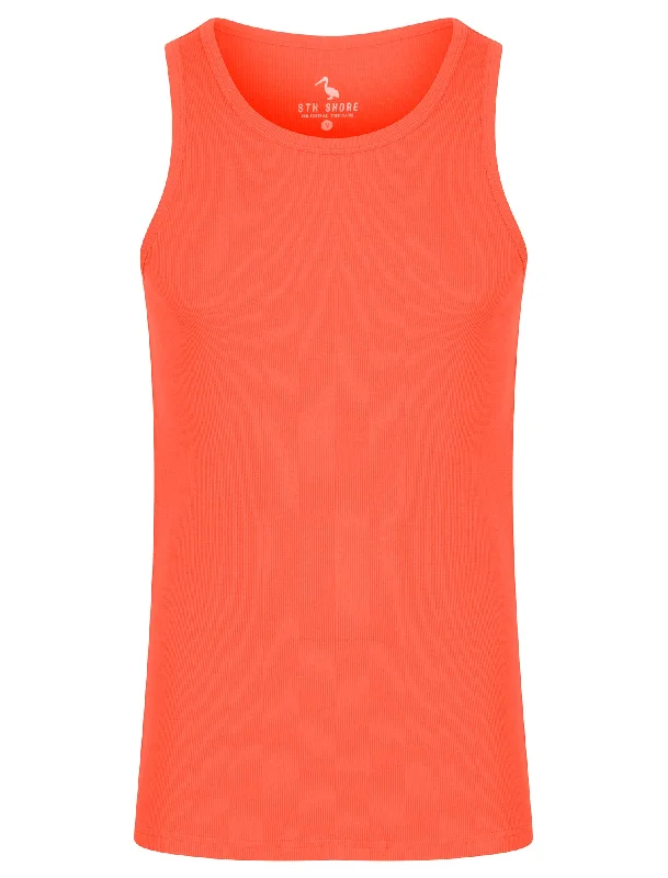 Calvin Cotton Ribbed Plain Vest Top in Hot Coral - South Shore