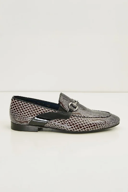 Snake Embossed Leather And Silver Metal Bit Loafer - Black Beige