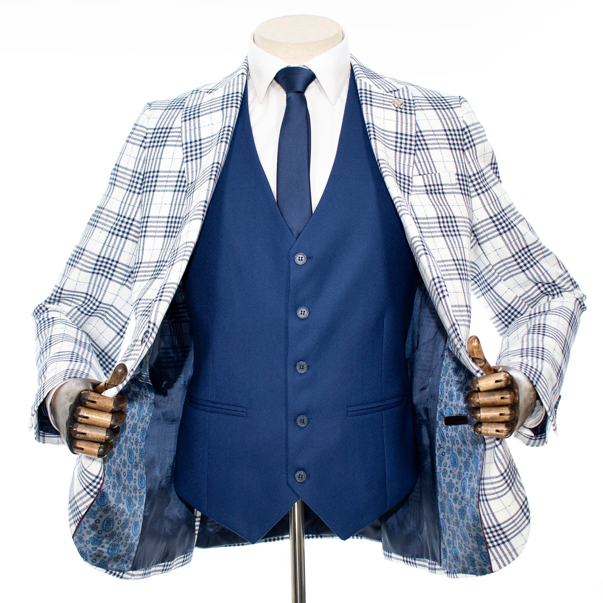 Navy Blue and White Plaid 3-Piece Slim-Fit Suit