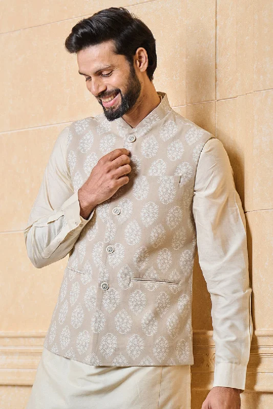 Beige Printed Bundi With Top Stitch Detailing