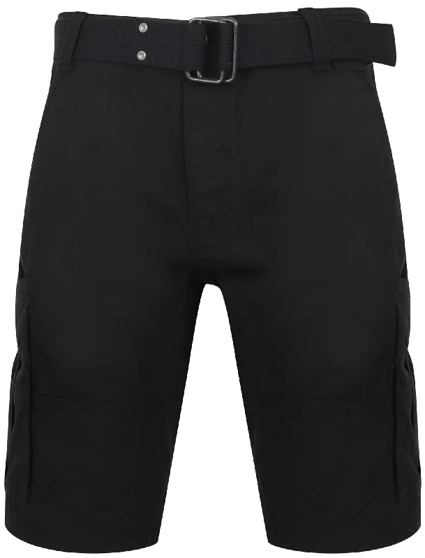 Africa Ripstop Cotton Cargo Shorts with Belt In Black - Tokyo Laundry