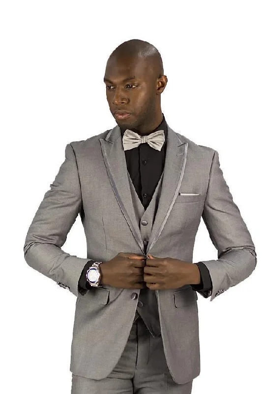 Grey Tuxedo Slim Fit  3 Piece with Trimmed Peak Lapel