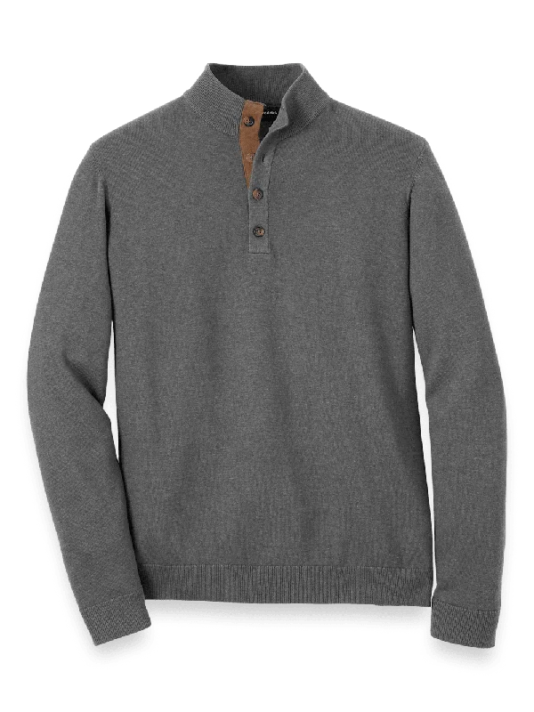 Supima Cotton Four Button Mock Neck Sweater - Medium Grey