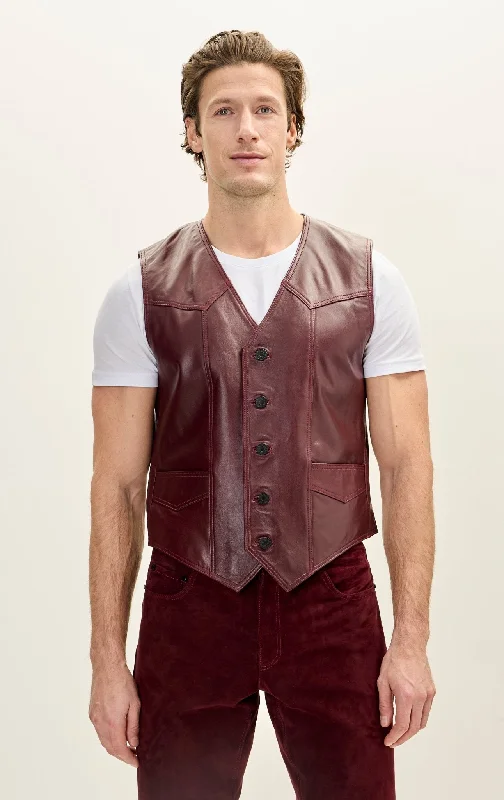 Classic Club Style Leather Vest - Burgundy