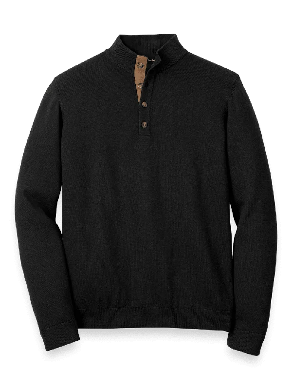 Supima Cotton Four Button Mock Neck Sweater - Black