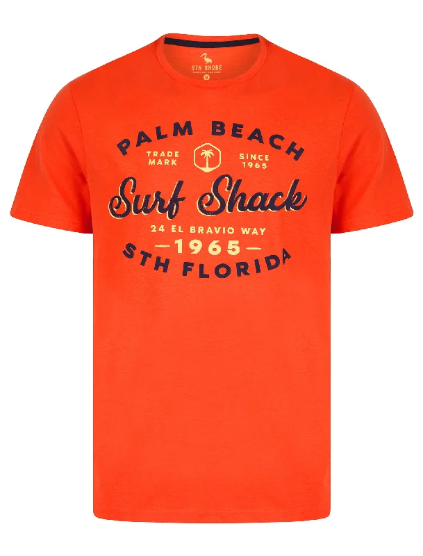 Palm Beach 2 Motif Cotton Jersey T-Shirt in Hot Coral - South Shore