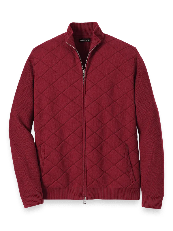 Cotton Full Zip Mock Neck Sweater - Burgundy