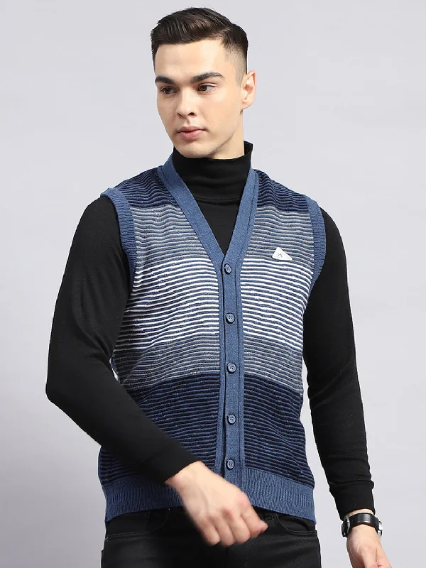 Men Blue Stripe V Neck Sleeveless Cardigan