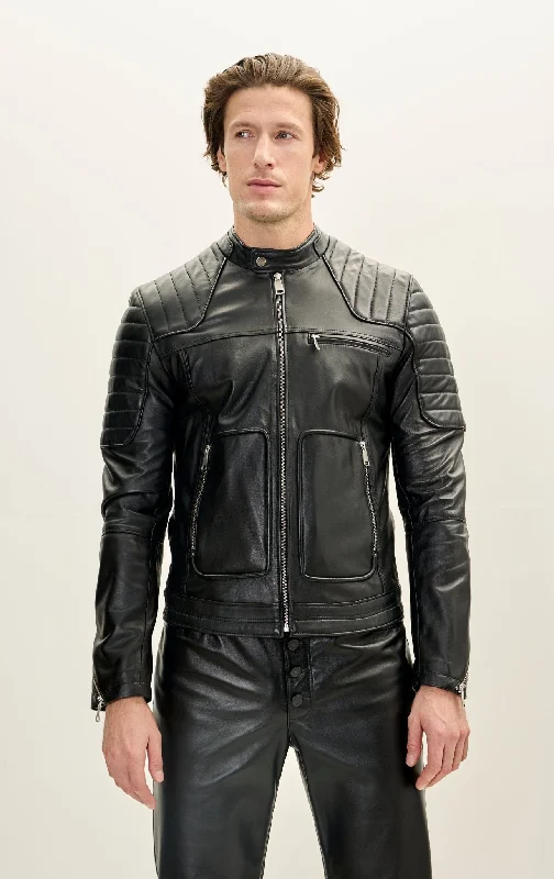 Piping Details Leather Biker Jacket - Black