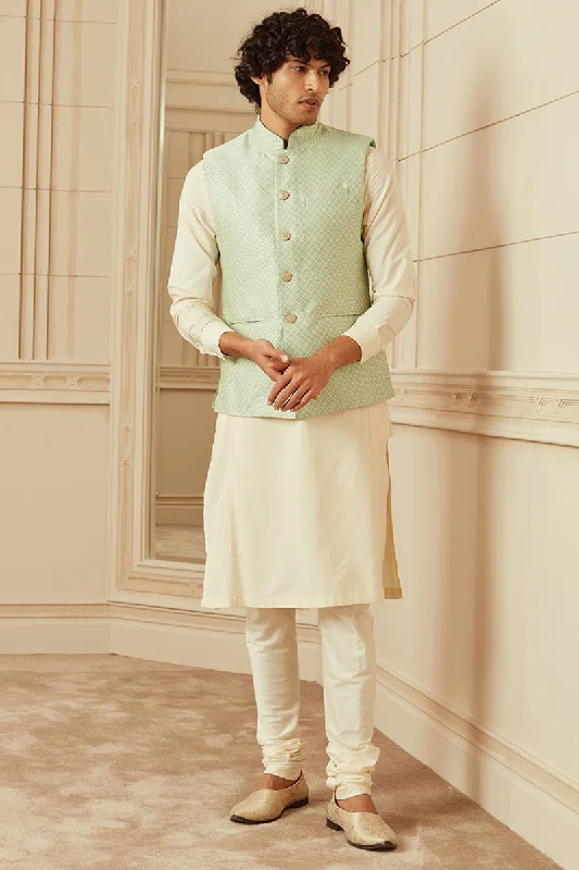 Light Green Jacquard Bundi With Top Stitch Collar