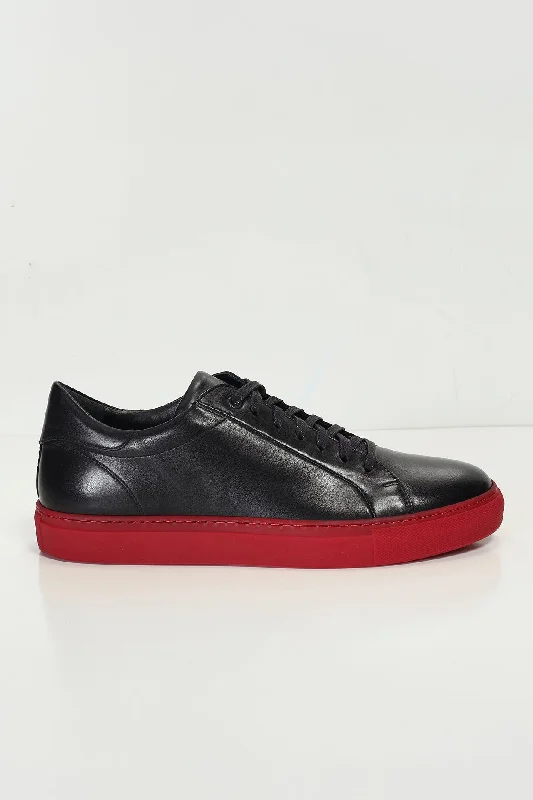 Genuine Leather Court Sneakers - Black Red