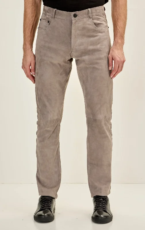 Genuine Lambskin Fitted Suede Pants - Grey