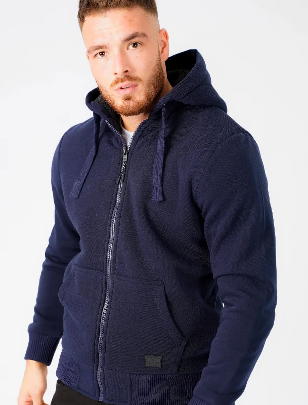 Bolo 2 Zip Through Chunky Hoodie With Borg Lining In Midnight Blue - Dissident