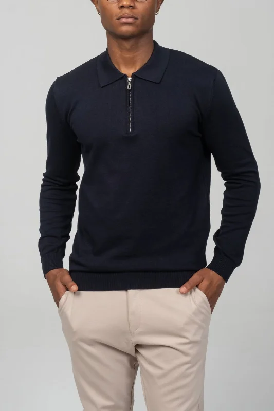 Zipper Closure Long Sleeve Sweater - Navy