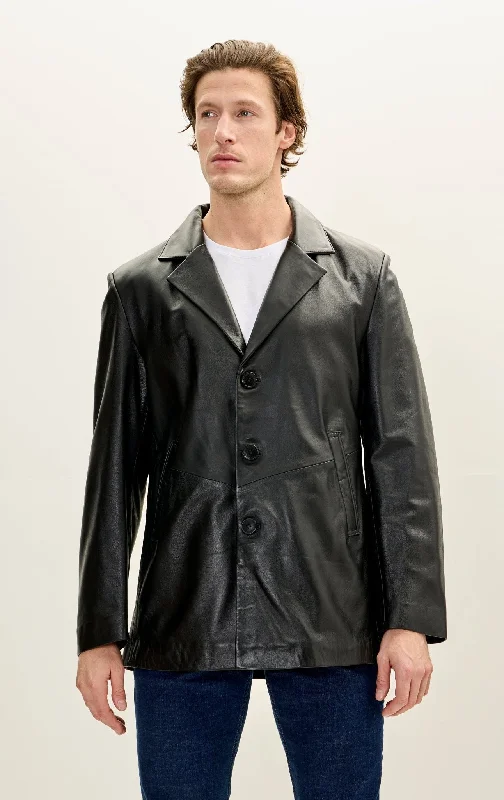 Notch Lapel 3-buttons Longline Leather Jacket - Black