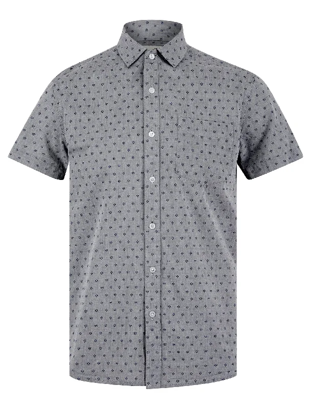 Caparica Patterned Floral Print Short Sleeve Cotton Chambray Shirt in Light Grey - Tokyo Laundry