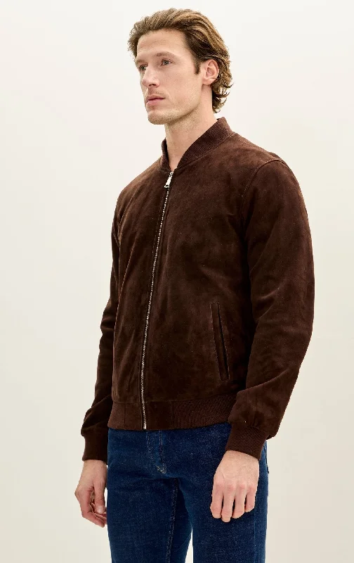 Classic Suede Leather Bomber - Chocolate Brown