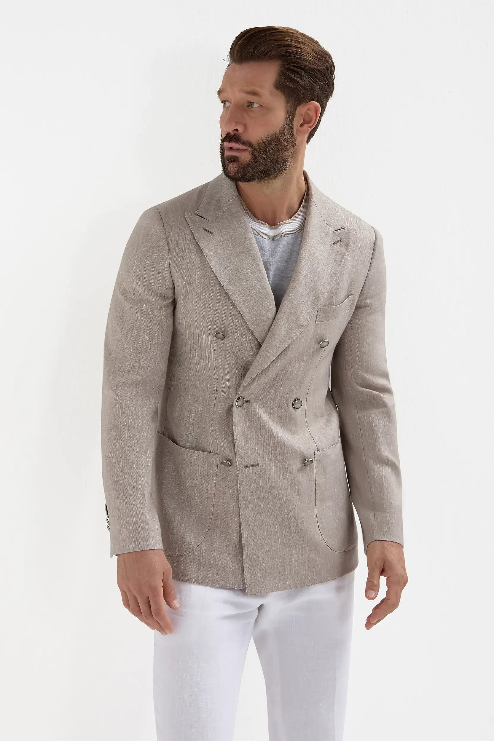 Taupe herringbone double breasted jacket - Made in Italy