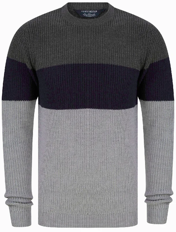 Levy Tri-Colour Block Crew Neck Soft Knitted Jumper in Dark Grey Marl - Kensington Eastside