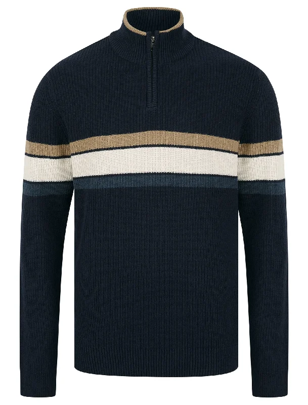 Geoffrey Striped Quarter Zip Neck Knit Jumper in Sky Captain Navy - Kensington Eastside