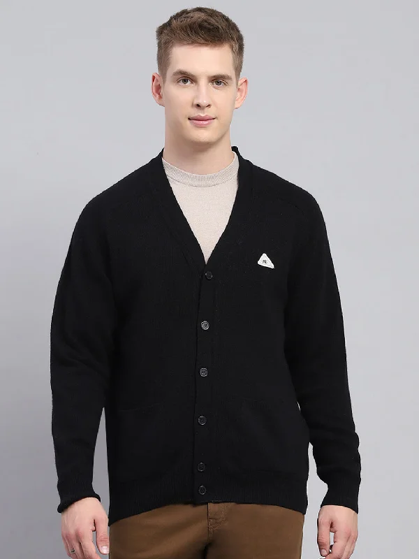 Men Black Solid V Neck Full Sleeve Cardigan