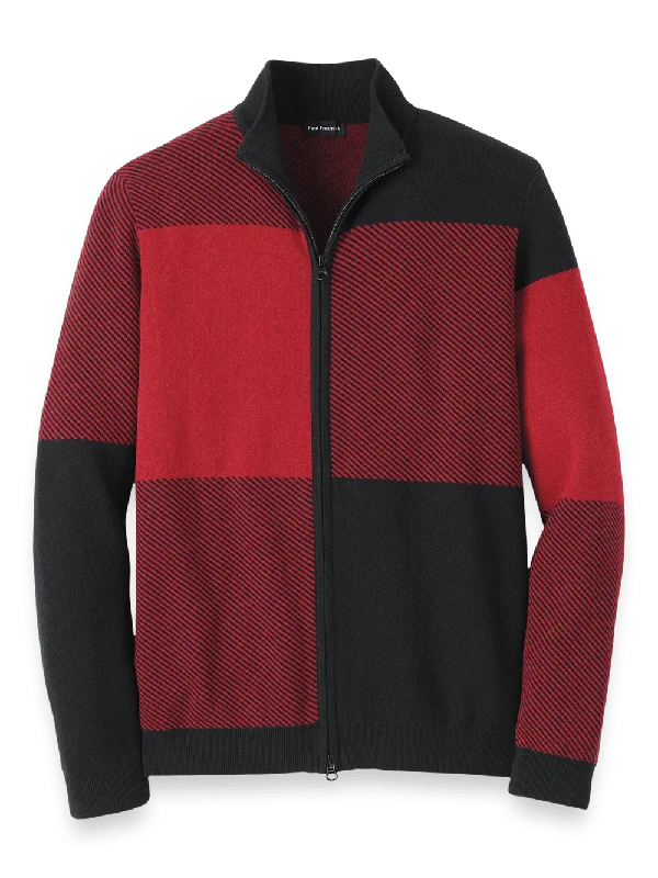 Cotton Full Zip Mock Neck Sweater - Red/black