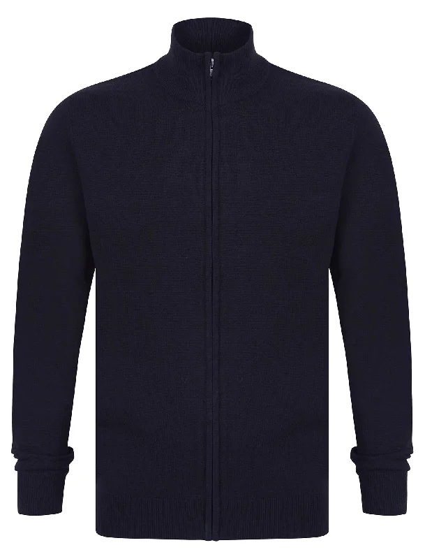 Scattering Zip Through Funnel Neck Knitted Cardigan in Dark Navy - Kensington Eastside