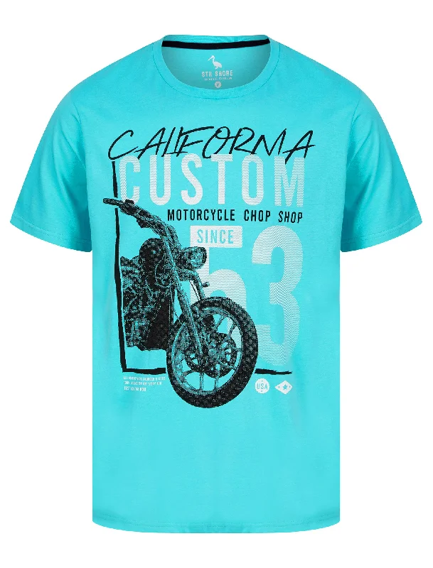 Custom Chop Shop Motif Cotton Jersey T-Shirt in Blue Curacao - South Shore