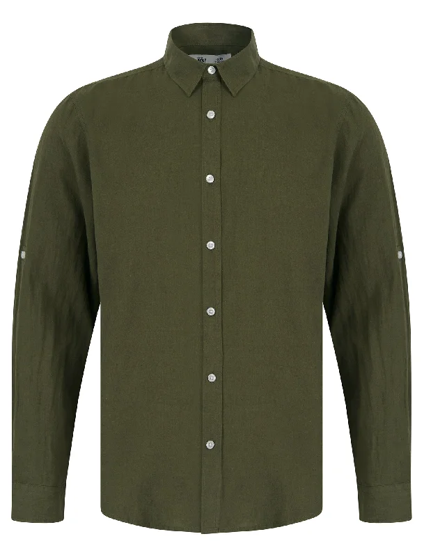 Helios Classic Collar Long Sleeve Cotton Linen Shirt in Ivy Green - Tokyo Laundry