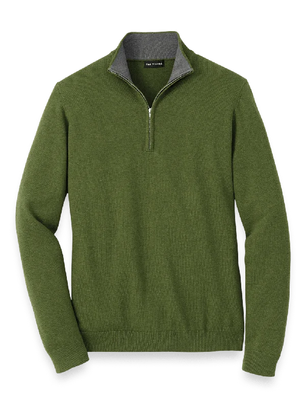 Supima Cotton Quarter Zip Mock Neck Sweater - Olive