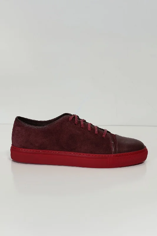 Leather and Suede Court Sneakers - Burgundy Red