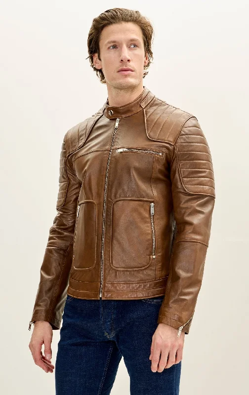 Piping Details Leather Biker Jacket - Brown