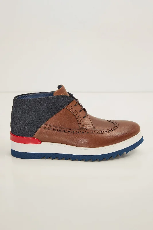 Leather Wingtip Sneaker Boots - Brown