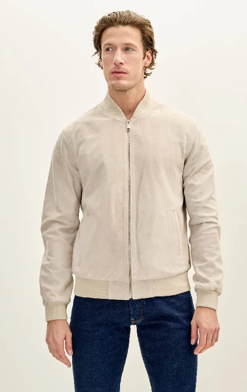 Classic Suede Leather Bomber Jacket - Beige