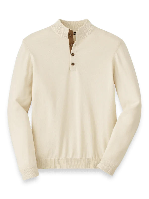 Supima Cotton Four Button Mock Neck Sweater - Ivory