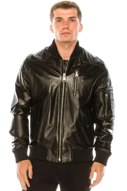 Diamond Quilt Detail Leather Bomber Jacket - Black