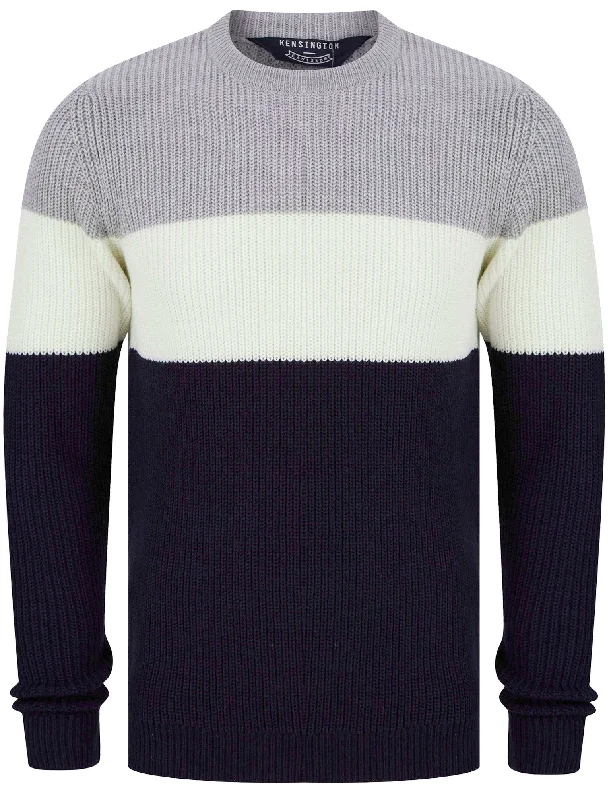 Levy Tri-Colour Block Crew Neck Soft Knitted Jumper in Light Silver Marl - Kensington Eastside