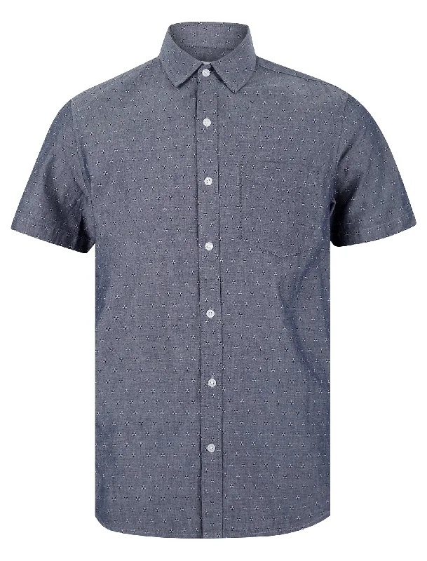 Caparica Patterned Floral Print Short Sleeve Cotton Chambray Shirt in Mid Blue - Tokyo Laundry