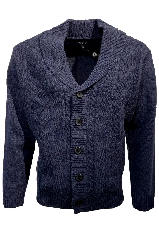 Shawl Collar Wool Blend Button-Front Cable Knit Cardigan Sweater (Size Large) in Indigo by Viyella