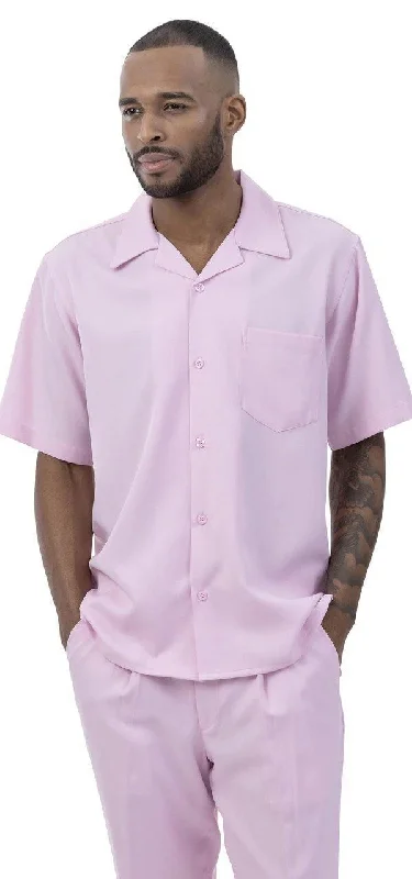 Montique Men's 2 Piece Short Sleeve Walking Suit Solid Pink