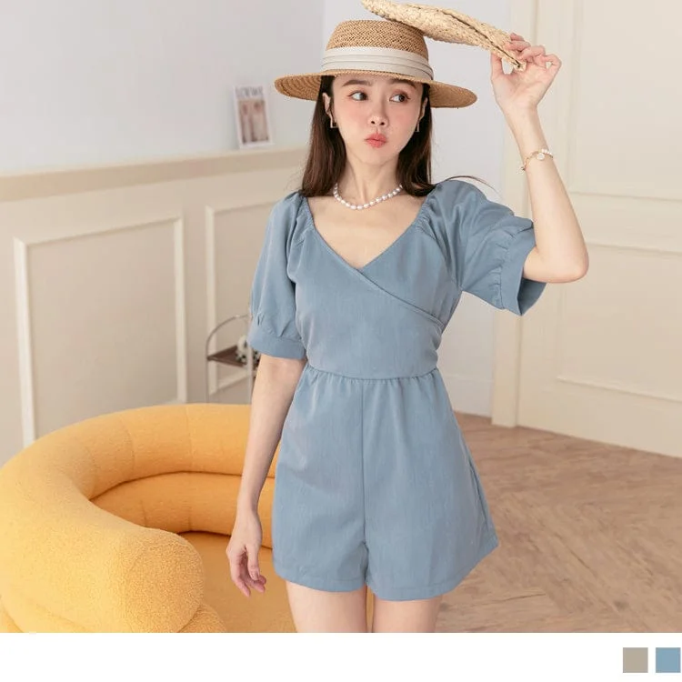 V-NECK HIGH WAIST SHORT SLEEVE ROMPERS