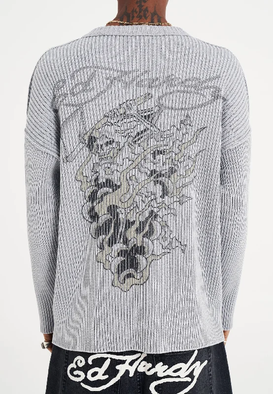 Mens Death Fighter Knitted Rib Relaxed Jumper - Grey