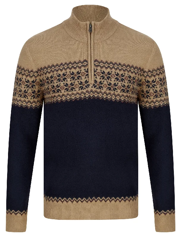 Remedy Quarter Zip Fair Isle Knit Funnel Neck Jumper in Camel - Kensington Eastside