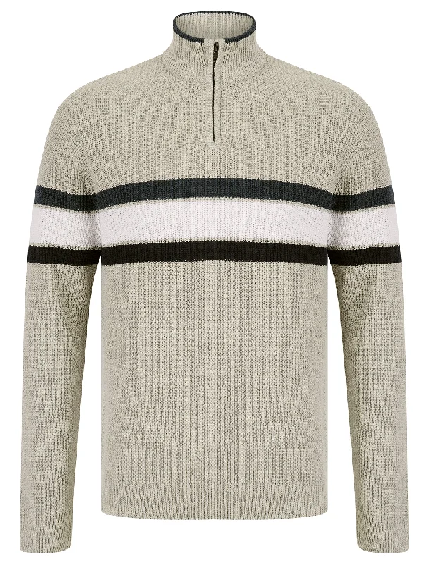 Geoffrey Striped Quarter Zip Neck Knit Jumper in Light Silver Marl - Kensington Eastside